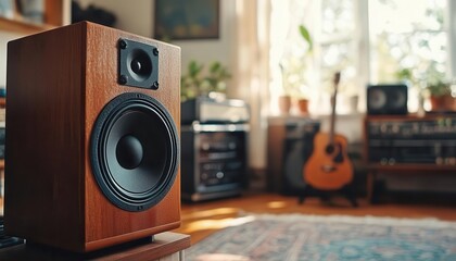 Speaker playing music in a living room, filling the space with sound