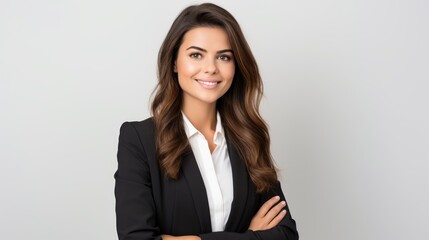 Fototapeta premium Business woman in a formal blazer smiling and looking directly at the camera, 