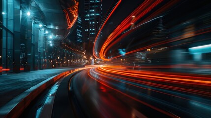 Obraz premium Light trails on the modern building background. Light trails at night in urban environment, Abstract Motion Blur City, traffic, transportation, street, road, speed