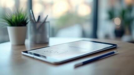 Tablet on a table, with a stylus and a design app open, ready for creative work