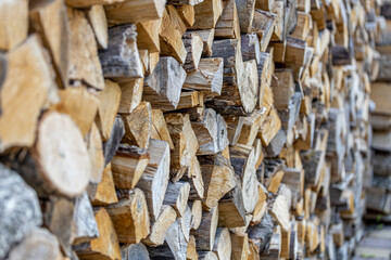 Background of stacked chopped wood logs. Pile of wood logs ready for winter. Wooden stumps, firewood stacked in heap