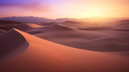 Golden Sunrise Over Rolling Desert Dunes with Soft Shadows and Vibrant Horizon