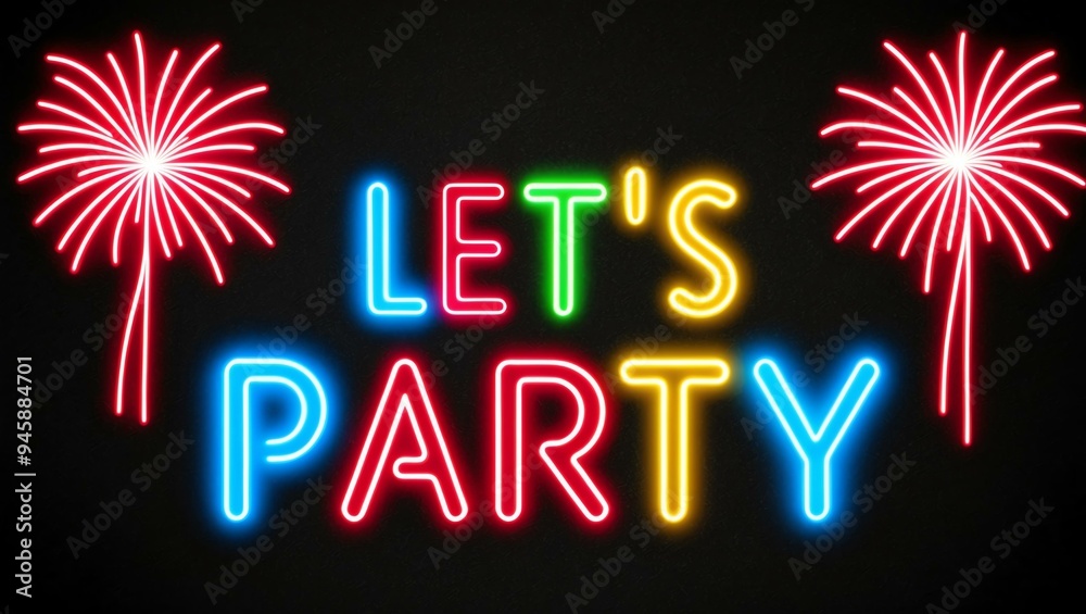 Sticker festive neon backlit style of the word lets party with neon fireworks on a black grainy background