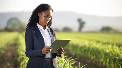Fototapeta premium Confident African businesswoman in professional attire inspecting crops on a farm, 