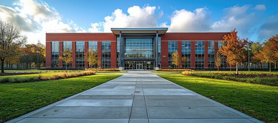 Exterior of a modern red brick high school building with large windows and a green grass lawn in front. In the background is a blue sky with white clouds. 