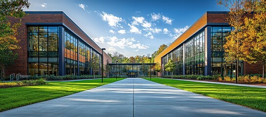 Exterior of a modern red brick high school building with large windows and a green grass lawn in...