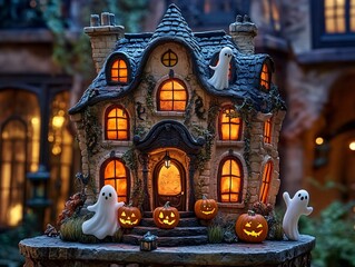 Halloween hotel statue spooky yet whimsical with pumpkin-shaped windows floating ghosts and a glowing jack-o-lantern entrance playful Halloween charm