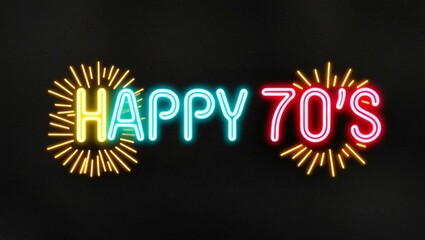 Naklejka premium festive neon backlit style of the word happy 70s with neon fireworks on a black grainy background
