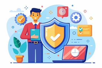 Cyber security protection for safety computer network, safety shield to protect online threat or attack, digital privacy or encryption concept, man hold shield on computer laptop protect cyber attack
