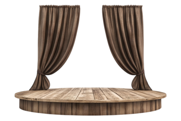 Empty wooden platform with draped curtains, isolated on transparent cutout background