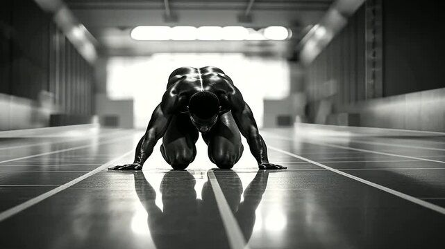 A sprinter crouches in the starting blocks, spikes digging into the track, back muscles tense with readiness