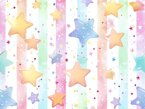 Motif color&eacute; de petites &eacute;toiles flottantes sur un fond &agrave; rayures pastel, &eacute;voquant un univers f&eacute;erique et joyeux anniversaire, enfance, naissance