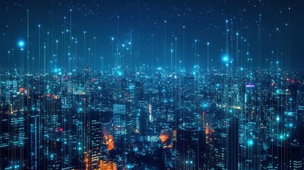 Obraz premium Night skyline of a vibrant city illuminated by colorful lights with digital elements raining down from above