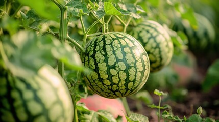 Fototapeta premium Watermelon Vine with Ripe Fruit