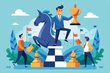Strategic move, leadership to lead team with strategy, challenge to success, courage and confidence to win business competition concept, businessman riding chess knight lead team to win chess victory
