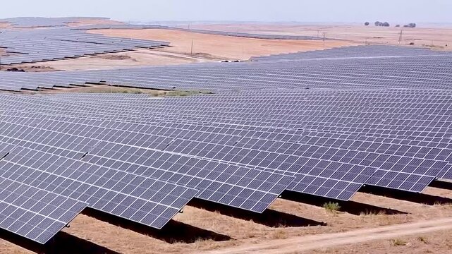 CAMPO DE PLACAS SOLARES TRAVELLING LATERAL HACIA IZQUIERDA PLANO CORTO