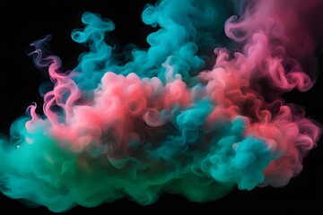 Fototapeta premium A cloud of neon pink and turquoise smoke with intense colors blending on a white background, AI Generated