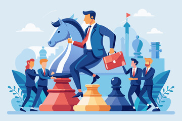 Strategic move, leadership to lead team with strategy, challenge to success, courage and confidence to win business competition concept, businessman riding chess knight lead team to win chess victory
