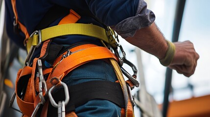 A close-up of a worker's harness and safety gear, emphasizing safety in construction or climbing.