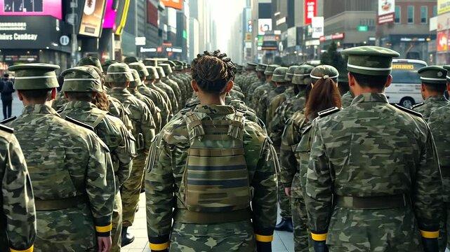 In a bustling urban square, a diverse group of women in military attire stands proudly in formation, embodying the spirit of equality and duty in the armed services