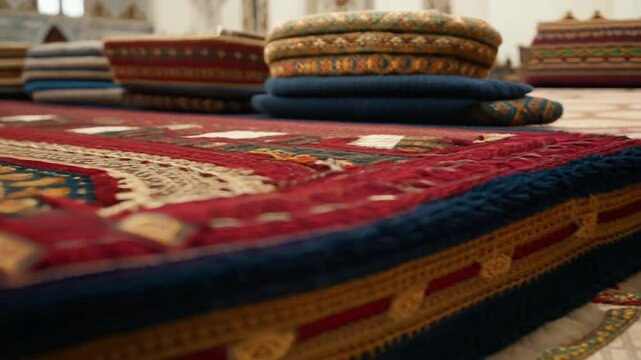 Craftsmanship of intricate carpets showcased within a traditional market setting in an ancient city during the evening hours
