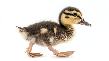 Adorable Fuzzy Baby Duckling Waddling Forward on Clean White Background