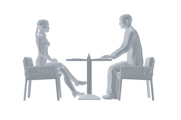 Fototapeta premium Polygonal model of man and woman sitting on chairs opposite each other at the table. Job interview. Vector illustration. 3D