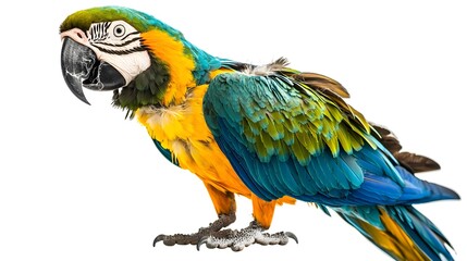 Vibrant Macaw Bird Perching on White Background with Colorful Feathers