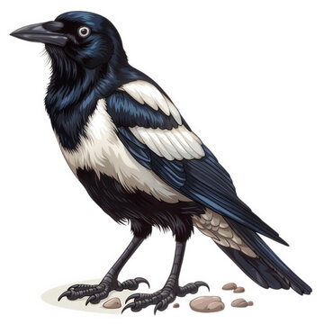 recommend clip art: A black-billed magpie stands on a few small rocks. The bird is illustrated in a childrens book style
