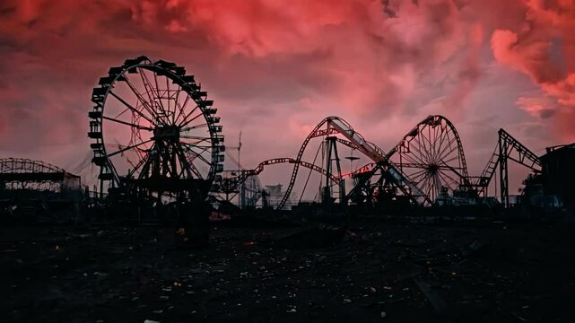 Abandoned amusement park after sunset with dramatic clouds in the sky