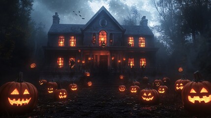 Haunted house statue dark and eerie with glowing jack-o-lanterns lining the porch ghostly figures hovering near the windows spooky yet charming vibe