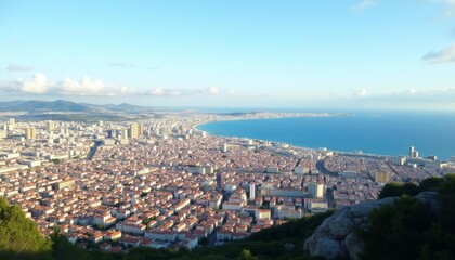 Fototapeta premium Panoramic view of a bustling coastal city