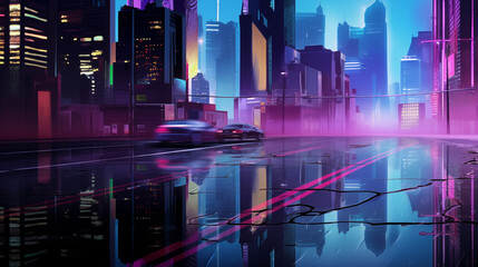 Fototapeta premium Cyberpunk Cityscape With Blurred Cars On Neon-Illuminated Wet Streets
