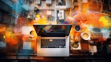 Double exposure of technology theme drawing over work table desktop. 