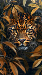 A closeup image captures the intensity in the eyes of a leopard, as it blends impeccably among autumn leaves, showcasing the majesty and enigmatic nature of this elusive predator