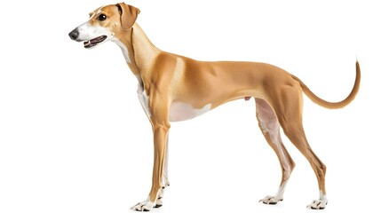 Sleek Greyhound Standing with Streamlined Body on White Background