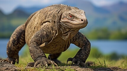 Komodo dragon with the forked tongue sniff air. Close up portrait.