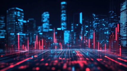 A vibrant city skyline illuminated by colorful lights during a night scene showcasing technological advances