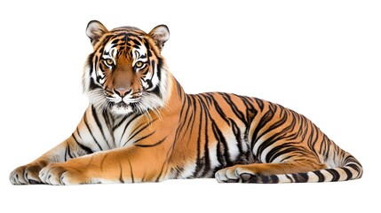 Obraz premium Regal Tiger Sitting with Powerful Stance on White Background