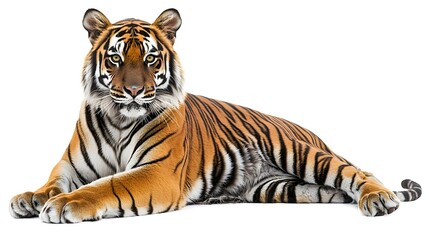 Fototapeta premium Regal Tiger Sitting Powerfully on White Backdrop