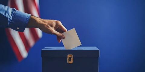 Hand placing a ballot into a blue ballot box with American flag in background