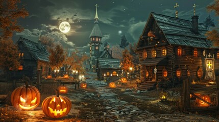 Fototapeta premium At midnight, during the full moon time, an old town looks deserted and quiet, spooky and scary. An old town with a Halloween theme