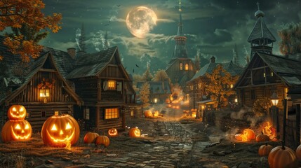At midnight, during the full moon time, an old town looks deserted and quiet, spooky and scary. An old town with a Halloween theme