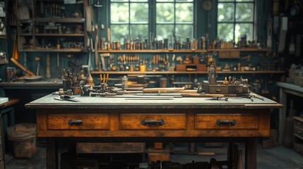 A Classic Workshop with Tools and Wooden Workbench
