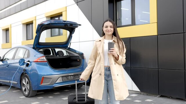 A young girl stopped to charge her electric car, and in the meantime goes to rest, carrying a suitcase