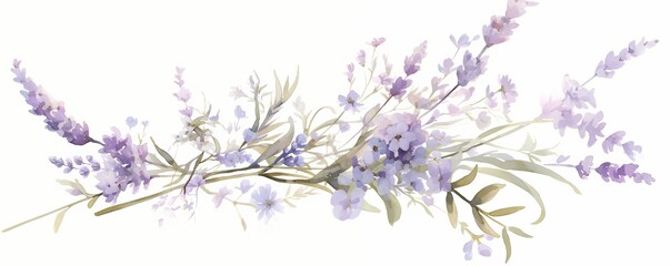 A delicate watercolor illustration of lavender and purple flowers with soft foliage.