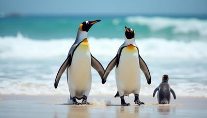 Obraz premium A family of penguins enjoying a day at the beach