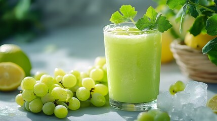 Fresh and healthy green grape smoothie or mocktail with lemon and lime slices on a light background