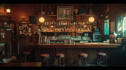 There is a bar that features a picture depicting two men on the wall above it