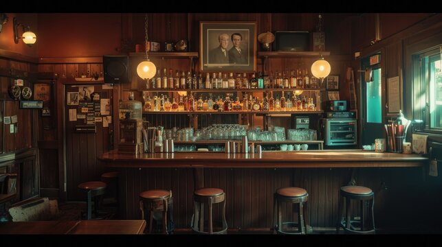 There is a bar that features a picture depicting two men on the wall above it